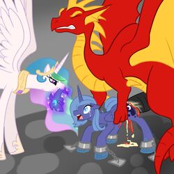 2012 alicorn balddumborat blood blue_hair bondage bound chained chains claws clenched_teeth closed_eyes crown cutie_mark dragon equine female feral friendship_is_magic hair helmet horn interspecies male my_little_pony open_mouth penis princess_celestia_(mlp) princess_luna_(mlp) rape ridiculous_fit size_difference straight teeth tongue wings