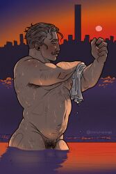 august_(fear_and_hunger) bara bathing bathing_outside city_background fear_and_hunger fear_and_hunger:_termina happy_trail male moustache naked_male older_male pecs pinup public solo solo_focus sunset