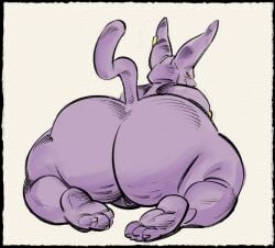 alien anthro ass balls big_butt champa domestic_cat dragon_ball dragon_ball_super ear_piercing ear_ring felid feline felis genitals hi_res kneeling looking_back male mammal nondelismell nude overweight piercing presenting presenting_hindquarters purple_body ring_piercing smile smirk solo yellow_eyes