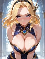 ai_generated big_breasts big_breasts black_eyeshadow blonde_hair blue_eyes breasts breasts hairband headband huge_boobs huge_breasts kaistar large_boobs large_breasts league_of_legends looking_away luxanna_crownguard patreon shy sweat sweatdrop sweating sweaty sweaty_body wet wet_body