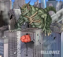 5_fingers abrax_(pyronite) abs anthro bellowez big_penis building building_destruction building_penetrated building_sex city city_background city_destruction cityscape claws destruction erection finger_claws fingers genitals green_body hi_res house humanoid_genitalia humanoid_penis macro macro_anthro macro_male male monster muscular muscular_anthro muscular_male nude outside pecs penetration penile penis pyronite(commissioner) rampage reptile scaled_penis scalie solo tail teeth yellow_eyes