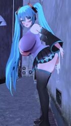 1girls big_breasts blue_hair breasts dildo dildo_on_wall hatsune_miku legwear side_view skirt solo_female standing syobons_(shupi-san) tagme thighhighs twintails video viewed_from_side vocaloid
