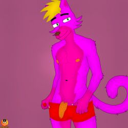 animal_genitalia animal_penis anthro blonde_hair boxers_(clothing) boxers_down clothed clothing digital_media_(artwork) domestic_cat eric_xoring felid feline feline_genitalia feline_penis feline_tail felis femboy fur genitals green_eyes hair hi_res looking_at_viewer male mammal navel nipples nude orange_nipples orange_penis partially_clothed penis pink_body pink_fur showing_penis simple_background smile solo tail underwear underwear_down
