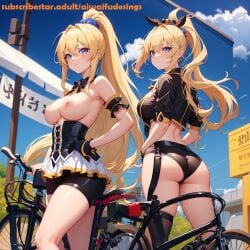 2girls ai_generated ass bike_shorts blonde_hair blue_eyes breasts female nipples ponytail subscribestar_username topless