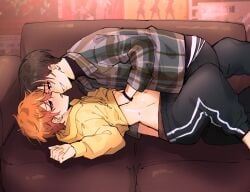arata_touno brown_hair caressing domesticwolfaru fully_clothed gay ginger_hair npc on_couch orange_hair pathetic_male project_sekai sex shinonome_akito teasing yaoi