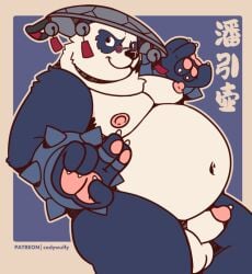 2025 anthro asian_conical_hat balls bear belly bracelet clothing codywulfy_(artist) erection eyewear genitals giant_panda glasses hat headgear headwear jewelry kung_fu male mammal mihoyo navel nipples nude overweight pan_yin_hu penis smile smirk solo spiked_bracelet spikes zenless_zone_zero