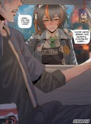 1boy 1girls blush blushing car clothed english_text female light-skinned_female light-skinned_male male multicolored_hair police police_uniform policewoman pulled_over text text_bubble wise_(zenless_zone_zero) zenless_zone_zero zergbrush zhu_yuan