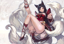 1girls ahri animal_ears aoin black_hair breasts erect_nipples facial_mark female fox_ears fox_tail hands league_of_legends leg_lift legs lips long_hair multi_tail multiple_tails naughty_face no_panties pussy resized smile solo tail thighs yellow_eyes