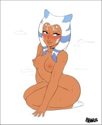abarus ahsoka_tano blue_eyes blush breasts choker color colored edited edited_art hi_res huge_ass huge_breasts kneeling looking_at_viewer nipples orange_body simple_background smile smiling smiling_at_viewer socks_only star_wars sweat sweating thick_ass thick_thighs white_background