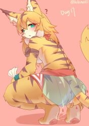 absurd_res anthro anus ass blonde_hair bodily_fluids cygames felid female genital_fluids genitals green_eyes hair hi_res humanoid lalamedli mammal mia_(world_flipper) pantherine pussy solo tiger urine vaginal_fluids vaginal_penetration world_flipper yellow_body