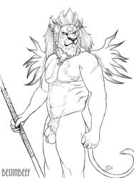 1boy anthro balls ballsack beefy beijinbeef body_fur body_hair braided_hair ear_piercing earrings feline final_fantasy final_fantasy_x flaccid_penis fur furry kimahri leonine leonine_tail lion male male_nipples male_only male_pubic_hair mane manly masculine mature_male monochrome musclegut muscles muscular_male nude_male pecs penis polearm pubes ronso scrotum sheath smooth_fur solo staff testicles video_games