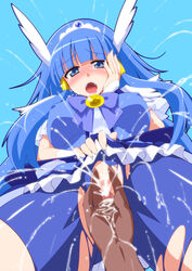 aoki_reika aqua_background bike_shorts blue_dress blue_eyes blue_hair blush clothing cure_beauty dark-skinned_male dress dress_lift erect_nipples erect_nipples_under_clothes female_ejaculation fingering fingers from_below hair_tubes hand_on_own_face head_wings long_hair looking_down magical_girl male_hand medium_breasts mikagami_sou open_mouth precure pretty_cure pussy pussy_juice shorts simple_background smile_precure solo tiara torn_bike_shorts torn_clothes uncensored wrist_cuffs