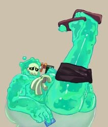 anthro ass balls bone clothed clothing doug_(monster_con) genitals goo_creature goo_humanoid green_body hi_res humanoid lying male momoskinks on_back partially_clothed presenting presenting_hindquarters skull skull_head slime solo translucent translucent_body
