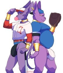 alien anthro ass baseball baseball_cap baseball_glove beerus belly big_bulge brother_(lore) brothers_(lore) bubble_gum bulge champa clothed clothing domestic_cat dragon_ball dragon_ball_super duo felid feline felis hat headgear headwear hi_res jockstrap leviapanda male male/male mammal overweight pantsless purple_body sibling_(lore) underwear