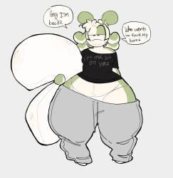 ali_(lopsalien) alien ambiguous_gender anthro asking_for_sex big_ass big_butt black_shirt body_pillow brown_eyes bunny cartoony clothed clothing dialogue digital_media_(artwork) fat_ass grey_sweatpants holding_object looking_at_viewer lopsalien mammal navel null null_bulge oc original_character panties plain_background pubic_hair rabbit shirt solo solo_focus solo_male text_bubble wide_hips