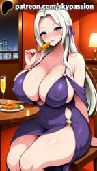 1girls 2025 ai_assisted ai_generated alcohol anime artist_name bar bare_shoulders big_breasts blush breasts bust champagne_flute chest cleavage clothed_female covered_nipples crossed_legs cup dress drink drinking_glass drunk edelgard_von_hresvelg female female_focus female_only fire_emblem fire_emblem:_three_houses food hair_ribbon hi_res high_quality high_resolution highres ice long_hair looking_at_viewer nipples_visible_through_clothing orange_(fruit) patreon patreon_username plate purple_dress purple_eyes purple_ribbon restaurant ribbon romantic_ambiance sitting skypassion smile solo stable_diffusion table thighs very_long_hair watermark