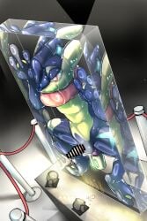 alternate_version_at_source anal anal_sex anthro balls blue_body bodily_fluids bondage bondage bound censored digital_drawing_(artwork) digital_media_(artwork) encasement generation_6_pokemon genital_fluids genitals greninja hi_res kinakomochi_199 latex male nintendo nude on_display open_mouth penetration penis pokemon pokemon_(species) precum public public_display public_nudity resin sex_toy simple_background solo submissive submissive_male translucent translucent_latex