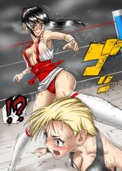 2girls blonde_hair catfight european_female fight fighting fighting_ring hitting_head interracial japanese_clothes japanese_female kicking leg_up sweat sweating sweaty sweaty_ass sweaty_body sweaty_breasts thighs wrestler wrestling wrestling_boots wrestling_outfit wrestling_ring wrestlingryona