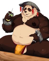absurd_res anthro asian_conical_hat balls bear belly bottomwear canned_drink clothing fur genitals giant_panda hat headgear headwear hi_res loincloth male male_only mammal manotakagi mihoyo moobs multicolored_body multicolored_fur navel nipples overweight pan_yinhu panda solo zenless_zone_zero