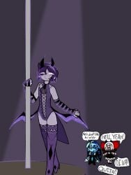 black_sapphire_cookie blue_eyes candy_apple_cookie cookie_run cookie_run_kingdom not_porn open_mouth pole_dancer sfw shadow_milk_cookie stripper stripper_pole text thigh_boots
