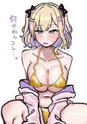 big_breasts bikini blonde_hair blush breasts golden_bikini kurumi_noah swimsuit thighs tummy virtual_youtuber vspo! vtuber white_background