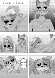 7_panel_comic anthro ball_lick balls big_penis black_and_white black_eyes blush bodily_fluids canid canine canis catnap_(poppy_playtime) comic critters_(poppy_playtime) cum cum_in_mouth cum_inside dialogue dogday_(poppy_playtime) domestic_cat domestic_dog duo english_text felid feline felis foreskin fur genital_fluids genitals greeting hi_res humanoid_genitalia humanoid_penis japanese_text licking male male/male mammal manga_style mob_entertainment monochrome multicolored_body multicolored_fur murasakine_fox no_humans oral oral_penetration orgasm orgasm_face penetration penis poppy_playtime pupils screentone sex smiling_critters text tongue tongue_out white_pupils