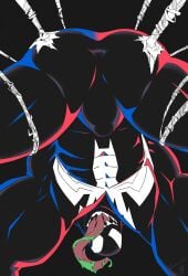 alien alien_humanoid anus anus_only ass big_muscles black_body bodily_fluids colored_saliva emblem empty_eyes green_saliva hi_res humanoid long_tongue looking_at_viewer looking_through looking_through_legs male marvel muscular not_furry saliva sharp_teeth smile solo spider_web symbiote taoren teeth tongue tongue_out unusual_bodily_fluids unusual_saliva venom_(marvel)