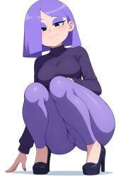 ai_generated at background breasts clothed clothing duolingo emo female fingernails focus fully girl hair hips human light light-skinned lily_(duolingo) looking medium only pants purple skin slim small smartphone solo teasing thin turtleneck viewer waist white wide yoga
