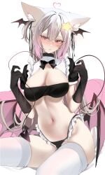 animal_ear_fluff animal_ears annytf bangs bare_shoulders bat_wings bikini black_bikini black_gloves blush bow bowtie breasts claw_pose cleavage colored_inner_hair crop_top demon_girl demon_tail demon_wings detached_collar elbow_gloves eyebrows_visible_through_hair female frills gloves hair_between_eyes hair_ornament head_wings heart highleg highleg_bikini large_breasts latex long_hair looking_at_viewer midriff multicolored_hair navel panties parted_lips purple_eyes sitting solo star_(symbol) star_hair_ornament stomach streaked_hair striped swimsuit tagme tail thighhighs thighs two-tone_hair underwear very_long_hair white_background white_legwear wings