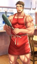 1boy apron apron_only bara beard beefy biceps big_bulge blush_lines broad_shoulders brown_eyes brown_hair bulge bulge_through_clothing collarbone daddy dilf erect_nipples frying_pan gay half-closed_eyes hi_res holding_object hunk izukonohito kitchen male male_only manly mature_male muscles muscular muscular_arms muscular_legs muscular_male muscular_thighs nipples_visible_through_clothing offscreen_character original original_character pecs short_hair sideburns standing table thick_arms thick_legs thick_neck tough_guy triceps yaoi