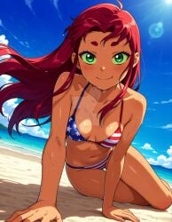 2025 ai_generated american_flag_bikini beach belly cartoon_network clouds day daytime dc_comics dcau deviantart drawing elryusam green_eyes looking_at_viewer meta not_porn orange_body orange_cheeks orange_skin red_eyebrows red_hair sky_background smile_at_viewer smiling_at_viewer starfire_(teen_titans) sun sunlight sunlight_rays teen_titans tummy wet_bikini wet_body wet_skin