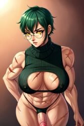 abs ai_generated black_turtleneck cleavage glasses green_hair maki maki_zenin muscular muscular_futanari scars short_hair strong thong turtleneck yellow_eyes zenin_maki