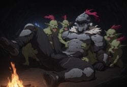 ai_art ai_generated armor being_groped big_bulge bulge bulge_through_clothing campfire cave clothed ginger_himboo goblin_slayer goblin_slayer_(goblin_slayer) goblins groping helmet leg_up legs_spread male male_only surrounded_by_men wearing_clothes