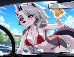 2025 ai_generated belly deviantart drawing elryusam hazbin_hotel helluva_boss loona_(helluva_boss) meta not_porn red_bikini sun sunlight sunlight_rays tail tummy vivziepop washing_car wet_bikini wet_body wet_skin youtube