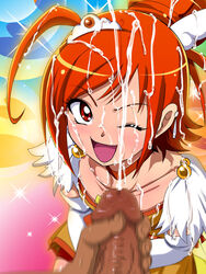 1boy bow censored choker clothing cum cum_on_clothes cum_on_hair cure_sunny earrings ejaculation facial female hino_akane jewelry magical_girl masturbation open_mouth penis pov precure pretty_cure raburebo red_eyes red_hair smile_precure wink