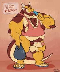 4_horns 4_toes 5_fingers anthro areola arm_hair arm_tuft ball_tuft balls barazoku beard belly big_balls big_muscles biped body_hair bottomless bottomless_anthro bottomless_male brown_beard brown_body brown_eyebrows brown_facial_hair brown_hair brown_pubes brown_scales chest_hair claws closed_smile clothed clothed_anthro clothed_male clothing countershade_face countershade_feet countershade_neck countershade_tail countershade_torso countershading digital_drawing_(artwork) digital_media_(artwork) dragon elbow_tuft english_text erection european_mythology eyebrows facial_hair feet fingers flip_flops food footwear foreskin full-length_portrait genitals glans gradient_background hair happy_trail hi_res holding_bag holding_food holding_object holding_popsicle horn huge_muscles humanoid_genitalia humanoid_hands humanoid_penis licking licking_food licking_popsicle male male_anthro manly mouth_closed multi_horn multicolored_body multicolored_scales musclegut muscular muscular_anthro muscular_arms muscular_male mythological_creature mythological_scalie mythology navel nipples non-mammal_balls non-mammal_navel non-mammal_nipples note_raygun overweight overweight_male partially_retracted_foreskin pecs penis pink_areola pink_clothing pink_glans pink_nipples pink_shirt pink_tank_top pink_tongue pink_topwear plantigrade popsicle portrait pubes sandals scales scalie shirt shoes sign signature simple_background smile solo standing tail tan_body tan_countershading tan_scales tank_top text three-quarter_view toe_claws toes tongue tongue_out topwear tuft uniparasite vein veiny_penis western_dragon white_claws white_horn white_toe_claws wingless_dragon yellow_body yellow_scales