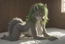 ai_generated anthro anthropomorphic beautiful bedroom big_breasts breasts breeding_request female five_nights_at_freddy's:_security_breach fluffy_tail fur furry furry_only in_heat inviting_to_sex looking_at_viewer on_knees roxanne_wolf_(fnaf) roxy seductive seductive_look seductive_smile sexy sexy_body sexy_pose tits_out wet_pussy wolf wolf_girl