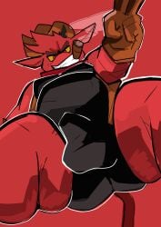 anthro ass balls_outline biped bulge cigar cigar_in_mouth clothing coolietf cowboy_hat demon detailed_bulge genital_outline gremile_'hotshot' grin hat headgear headwear hi_res imp kings_of_hell leotard low-angle_view male male_anthro object_in_mouth red_eyes slightly_chubby smile smoking solo worm's-eye_view yellow_sclera