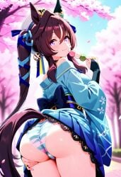 ai_generated animal_ears ass black_hair blue_eyes eating female horse_girl kimono long_hair ribbon_in_hair striped_panties twintails umamusume umamusume_pretty_derby vivlos_(umamusume)