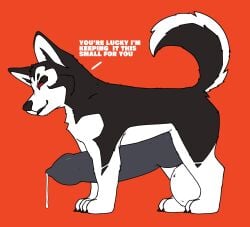 all_fours balls big_balls big_penis black_body black_fur black_hair bodily_fluids canid canine canis claws cum cum_drip dergsalot dialogue domestic_dog dripping fangs feral fur genital_fluids genitals hair hi_res huge_balls huge_cock husky hyper hyper_balls hyper_genitalia hyper_penis knot male mammal nordic_sled_dog penis precum raised_tail red_eyes simple_background solo spitz tail teeth toothy_grin white_body white_fur white_hair youtuber zaidra