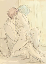 2boys anal anal_fingering blue_eyes blue_hair blush bottomless closed_eyes fingering gay kagami_taiga kissing kuroko_no_basuke kuroko_tetsuya male multiple_boys red_eyes red_hair yaoi