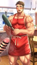 2boys apron apron_only balls bara beard beefy biceps big_bulge big_penis blush blush_lines broad_shoulders brown_eyes brown_hair bulge bulge_through_clothing censor_bar censored censored_penis collarbone daddy dilf erect_nipples erection foreskin_folds frying_pan gay hi_res holding_object huge_cock hunk izukonohito kitchen looking_at_penis male male_only manly mature_male muscles muscular muscular_arms muscular_legs muscular_male muscular_thighs musk musk_clouds musky_cock nipples_visible_through_clothing offscreen_character original original_character pecs penis penis_awe precum precum_drip shocked short_hair sideburns standing sweat sweatdrop table thick_arms thick_legs thick_neck thick_penis tough_guy triceps wide_eyed yaoi