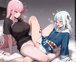 2girls ai_generated bare_thighs blue_eyes blush bottomless bottomless_female censored censored_genitalia censored_pussy female female/female female_only gawr_gura gigantic_breasts hearts hearts_around_head hololive hololive_english huge_breasts huge_thighs jackson_dexter large_breasts lesbian_sex light-skinned_female light_skin long_hair massive_breasts mori_calliope mosaic_censoring motion_lines multicolored_hair multiple_girls orgasm_face pink_hair pussy_grinding pussy_to_pussy red_eyes rubbing_pussies_together rubbing_pussy scissoring smiling spread_legs squatting sweat sweatdrop thick_body thick_female thick_thighs thighhighs thighs tribadism virtual_youtuber voluptuous voluptuous_female white_hair yuri