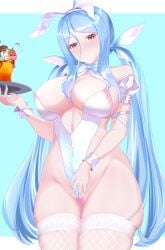 absurdres alternate_hair_color animal_ears blue_background blue_hair blush bow bowtie breasts brown_dust_(series) brown_dust_2 censored cindy137746442 cleavage closed_mouth clothing_aside fake_animal_ears female fishnet_thighhighs fishnets food groin hair_between_eyes heart heart_censor highres holding holding_tray large_breasts leotard leotard_aside leotard_pull long_hair looking_at_viewer morphea_(brown_dust_2) morphea_(daydream_bunny) parfait pink_eyes skindentation smile solo thighhighs tray twintails very_long_hair white_bow white_bowtie white_leotard white_wrist_cuffs wrist_cuffs
