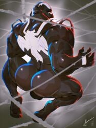 alien alien_humanoid ass balls big_butt big_muscles black_body bubble_butt claws emblem empty_eyes genitals hi_res humanoid male marvel muscular not_furry rear_view sharp_teeth solo spider_web symbiote taoren teeth tendrils venom_(marvel)