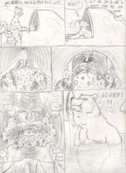 anthro bear belly big_bad_bear bigbadbear comic dialogue duo feet_first felid forced graphite_(artwork) jaguar long_tail male male/male mammal nude nude_pred nude_prey open_mouth oral_vore pantherine sharp_teeth shocked size_difference slide speech_bubble swallowing tail teeth thought_bubble tongue traditional_media_(artwork) trick tricked unwilling_prey uvula vore water water_slide