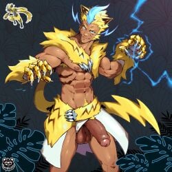 abs balls bara biceps big_balls big_penis gijinka male male_nipples male_only manly muscular_male nintendo nipples nude pecs penis pokemon punktoso zeraora