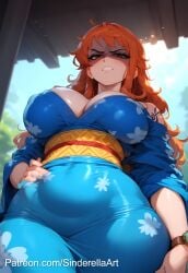 ai_generated angry blue_kimono busty clothing commission female female_only glaring_at_viewer large_breasts nami_(one_piece) one_piece patreon patreon_url patreon_username sinderellaart thick thick_legs thick_thighs voluptuous