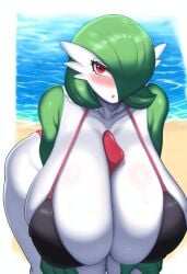ai_generated anthro beach bent_over big_breasts bikini blush breasts bubble_butt busty cleavage curvy furry gardevoir hanging_breasts huge_breasts kohai0 large_breasts looking_at_viewer massive_breasts mommy outdoors pokemon sexy solo swimsuit