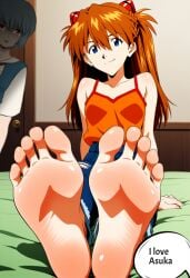 2girls asuka_langley_sohryu barefoot bed blue_eyes blue_hair cheating crying cuckquean door feet female foot_fetish foot_focus happy humiliation jeans long_hair looking_at_viewer lying neon_genesis_evangelion orange_hair orange_tank_top rei_ayanami ripped_clothing ripped_jeans short_hair smile smiling_at_viewer smug smug_smile soles tank_top tears teasing toes tsundere